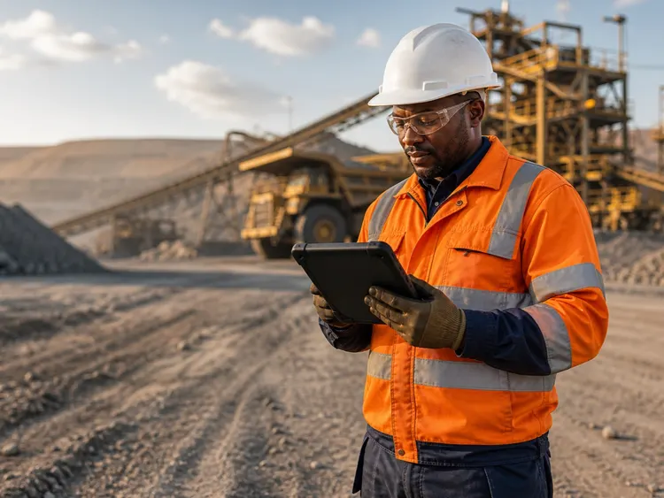 Mine operator in PPE using a rugged tablet at an open-pit mine